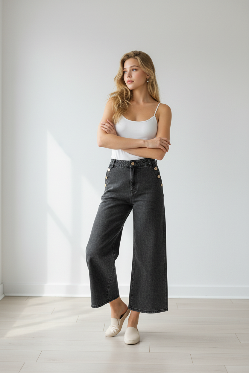 Free Market Gold Button Embellished Wide Leg Flare Jeans - New Never Worn