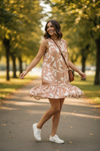 Fab'rik Tan Print Sleeveless Drop Waist Balloon Hem Dress - New Never Worn